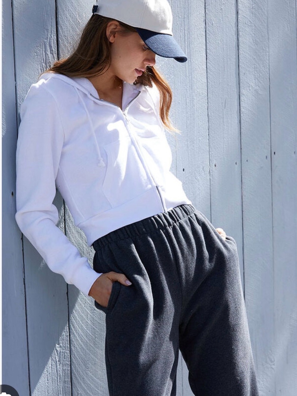 John Galt White Cropped Full Zip Ribbed Hoodie